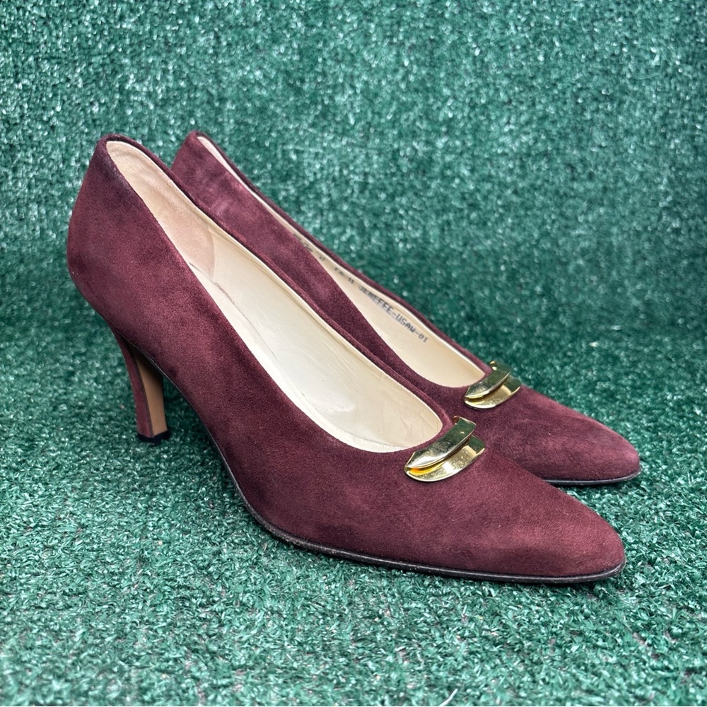 BALLY Womens Pumps Shoes High Heels Maroon Suede Pointy Toe Switzerland Size 7.5